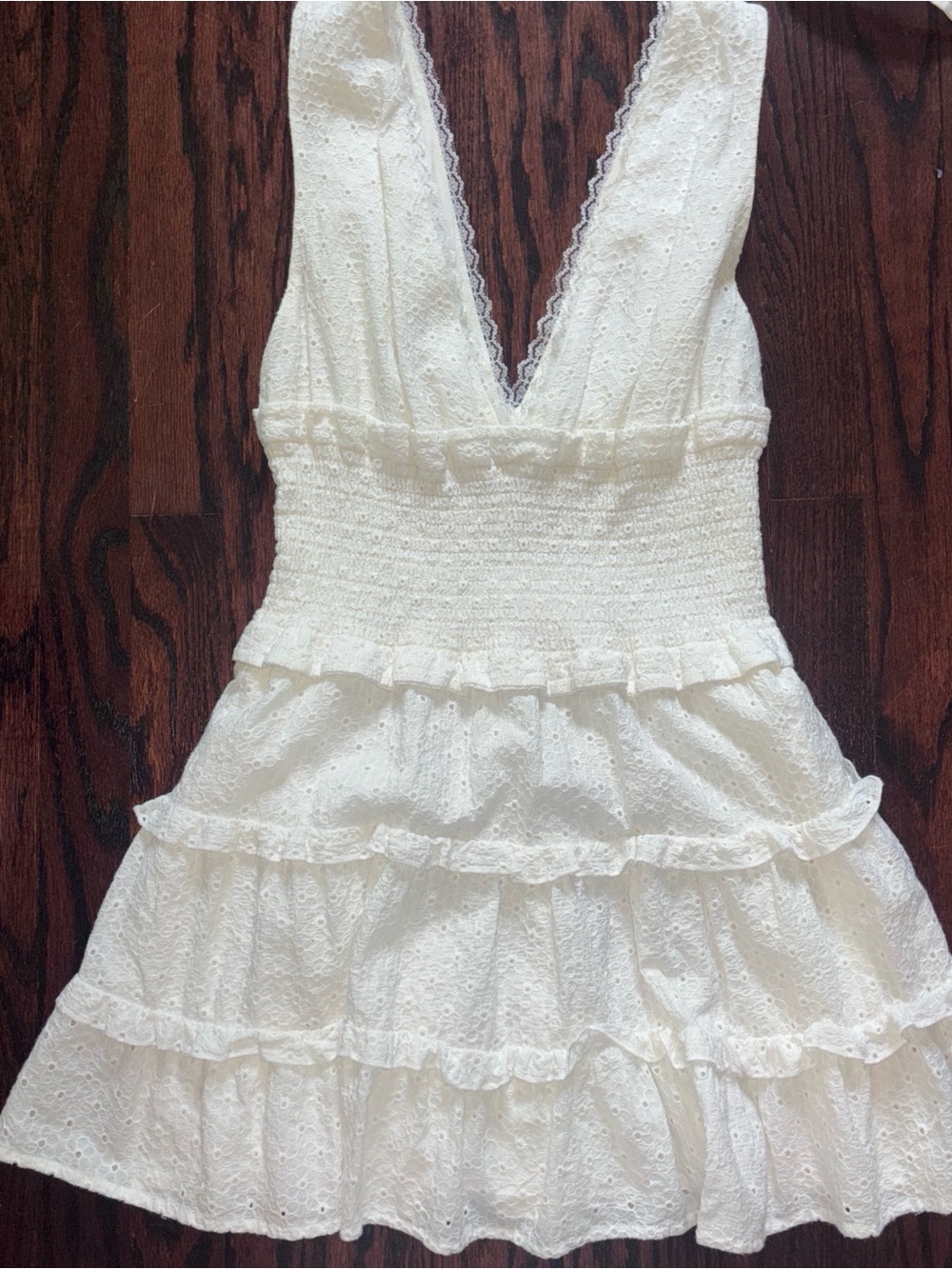 NBD White Eyelet Tiered V-Neck Mini Dress